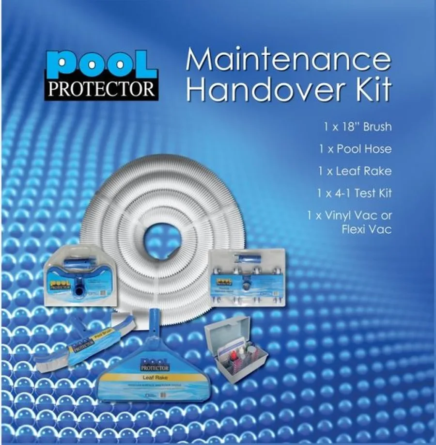 Pool handover kit with pole, rake, brush and hose