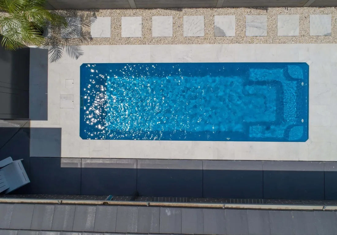 A Cleo 5 fibreglass pool in Blue Spice